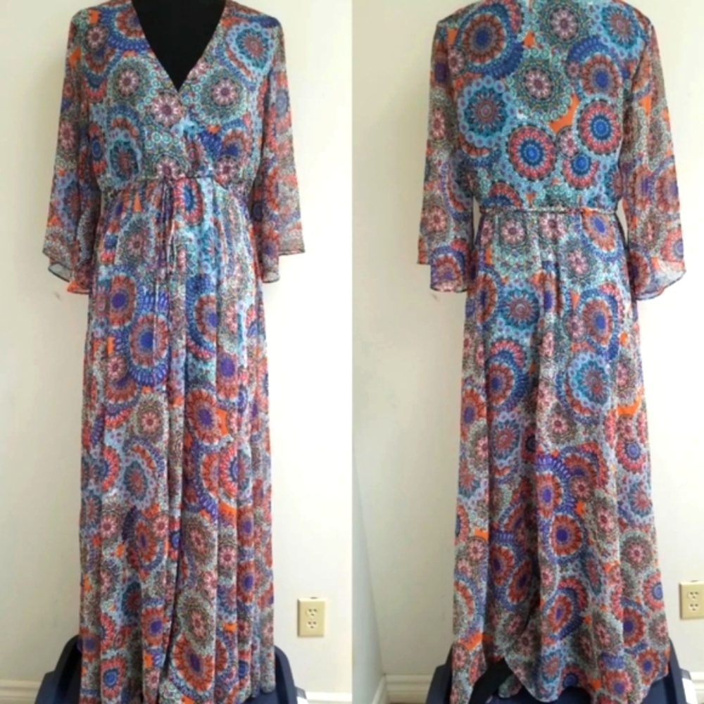 Spy Zone Exchange V-Neck Bell Sleeve Maxi Dress